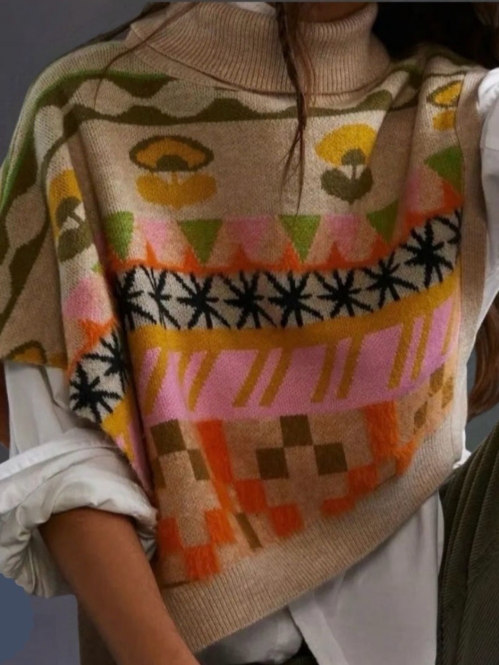Maeve - Beige Patterned Knit Poncho with Pink, Yellow & Green Accents